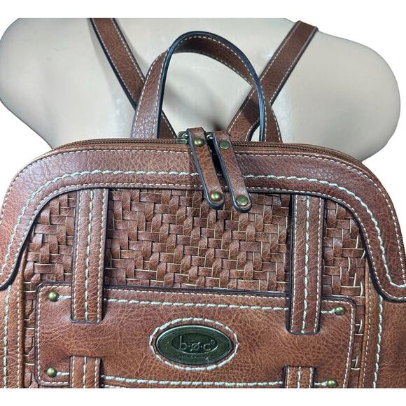 Born Concepts BOC Brown Faux Vegan Leather Woven Backpack Purse Travel 11\